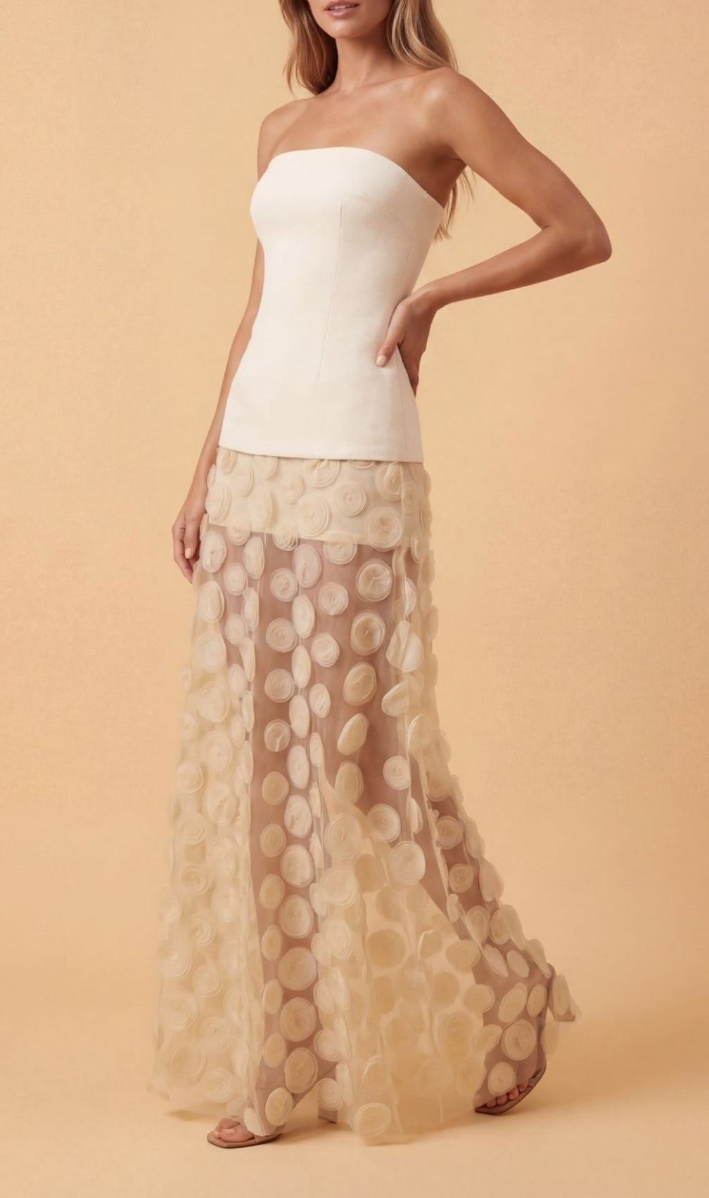 Keala Apricot Strapless Mesh Maxi Dress | Ethereal 3D Textured Gown