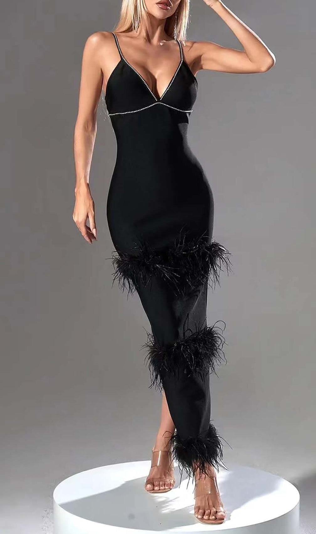 Rhinestone Tiered Feather Midi Dress In Black