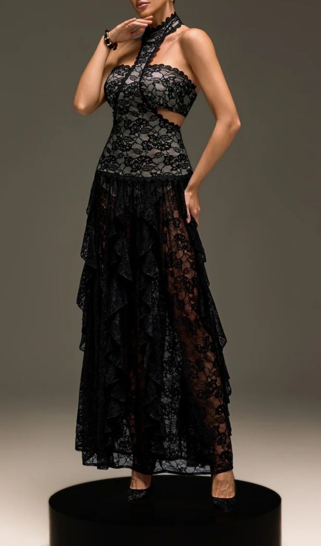 Stunning Gavelyn Black Lace Halterneck Maxi Dress with Chic Cutouts