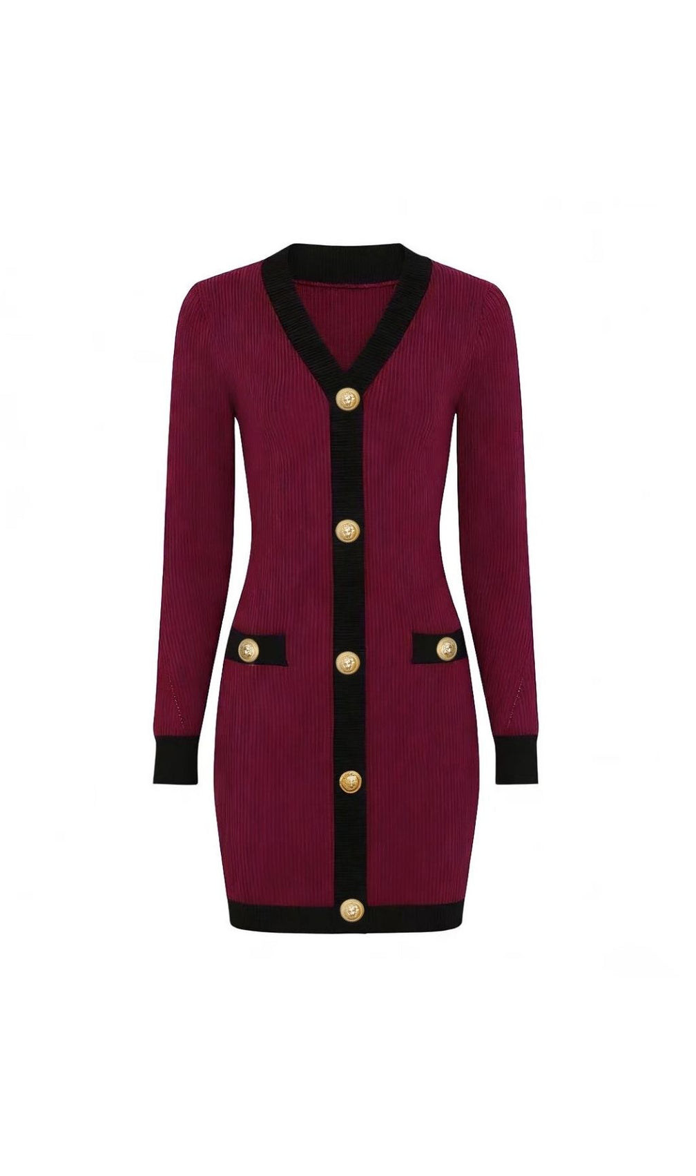 Kavita Chic Ribbed Knit Mini Dress with Gold Buttons & Contrast Trim