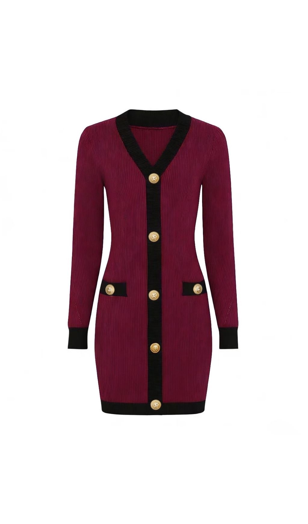 Kavita Chic Ribbed Knit Mini Dress with Gold Buttons & Contrast Trim