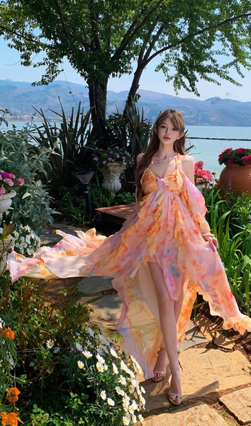 Komali Printed Butterfly Ruffle Maxi Dress