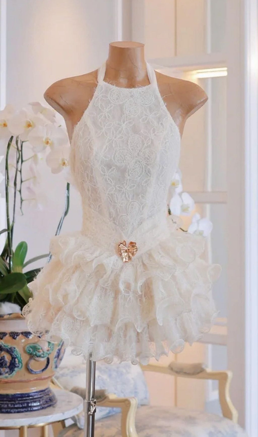 Kamber Halter Lace Mini Dress | Chic Ruffled & Romantic for Special Occasions