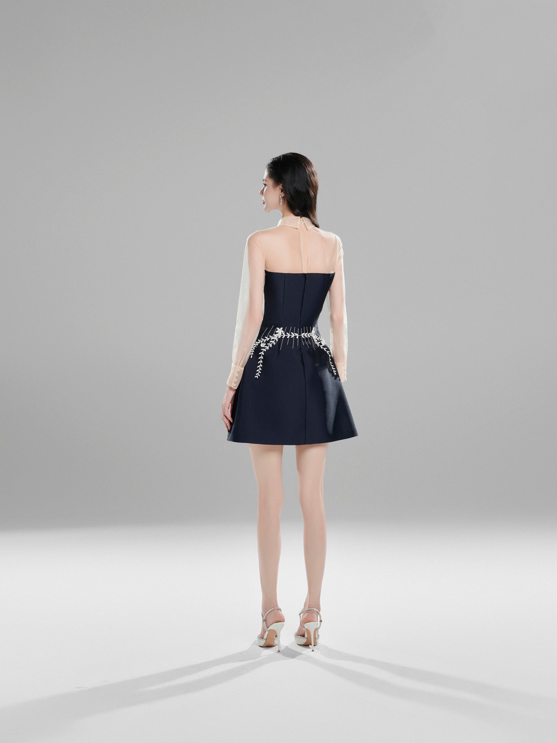 embroidered flower lapel tulle mini dress in dark blue