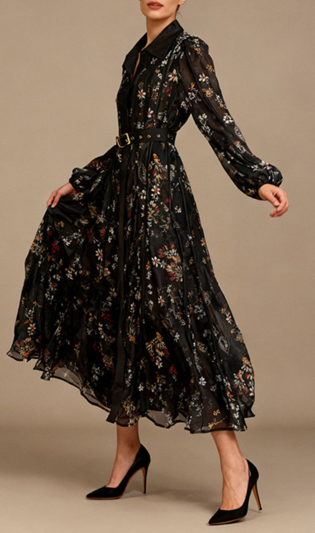 Ilandere Enchanting Black Floral Midi Dress – Belted Long Sleeve Shirtdress