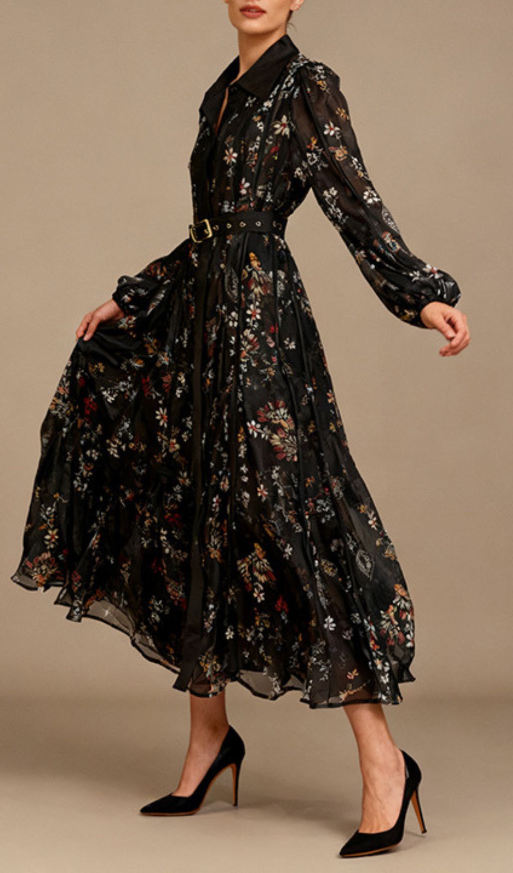 Ilandere Enchanting Black Floral Midi Dress – Belted Long Sleeve Shirtdress