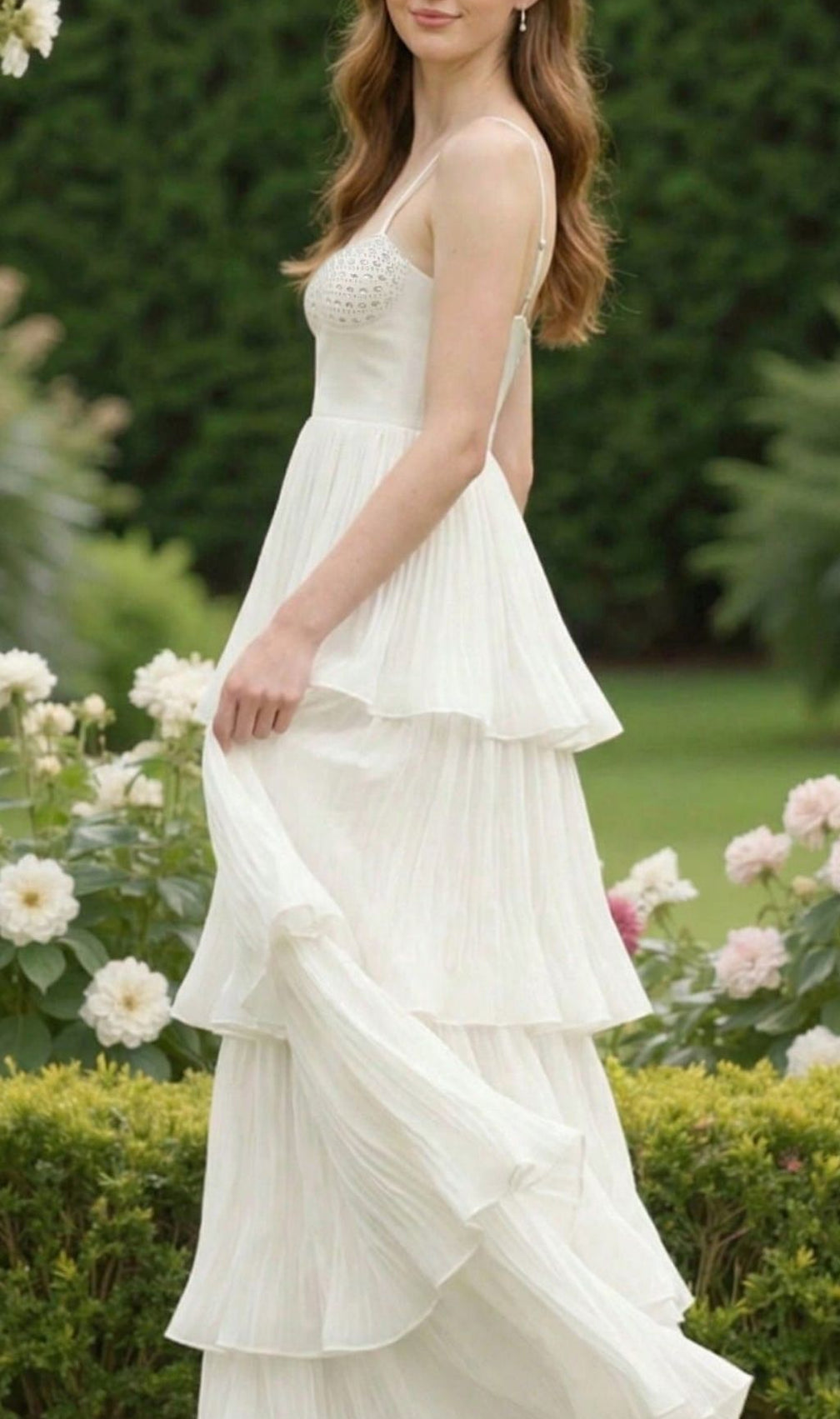 Katherina White Diamante Strappy Tiered Maxi Dress - Ethereal Bridal Elegance