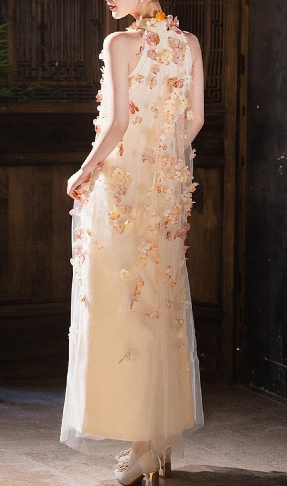 Brecken Flower Halter Mesh Maxi Dress