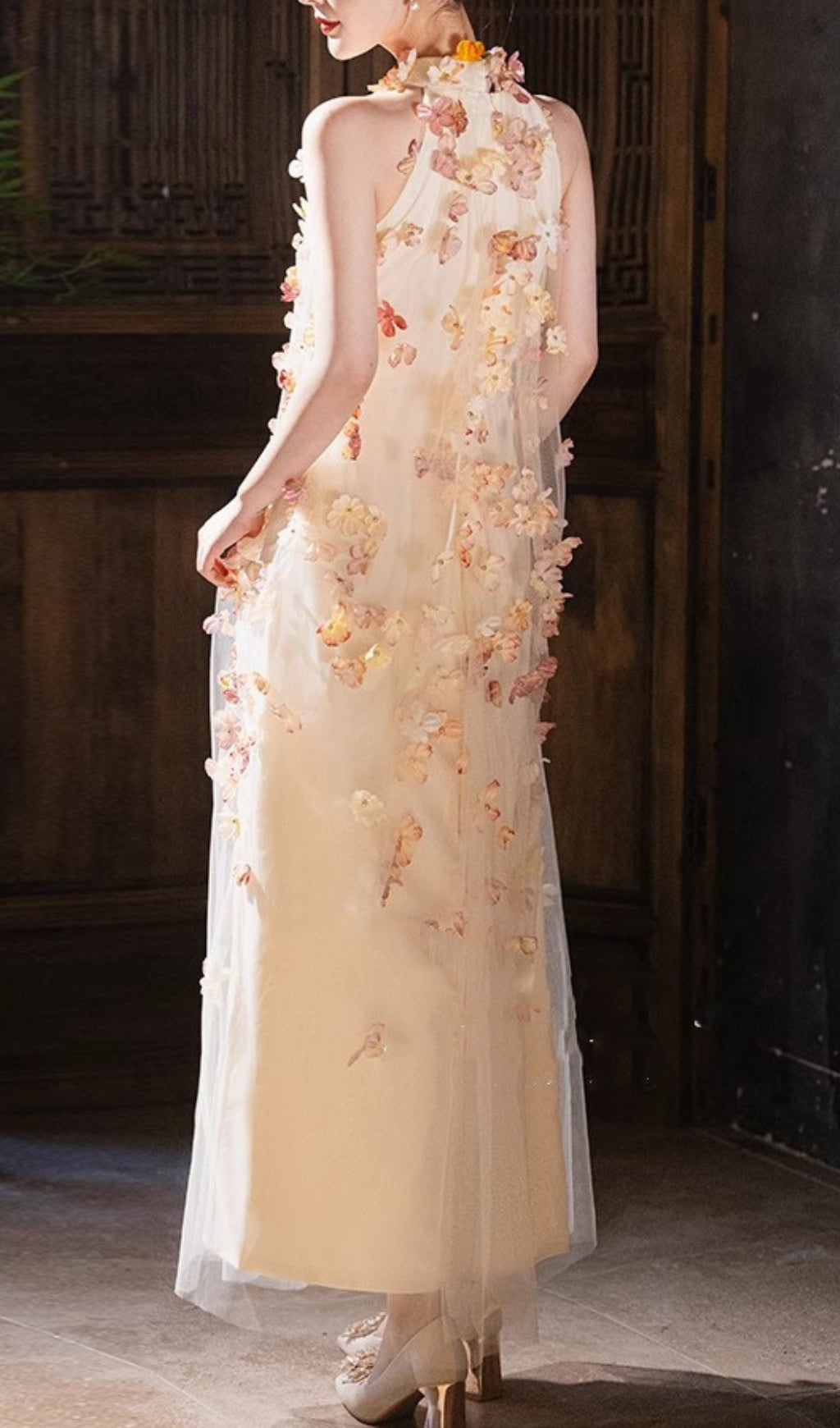 Brecken Flower Halter Mesh Maxi Dress