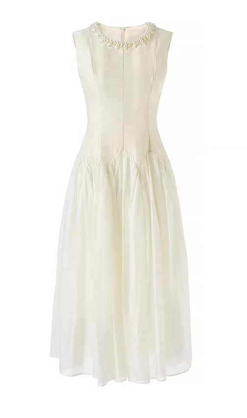 Sleeveless Midi Dress with Tulle Skirt and Pearl Embellished Collar - Ivoire