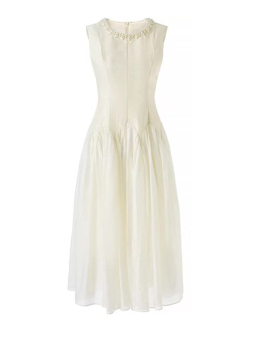 Sleeveless Midi Dress with Tulle Skirt and Pearl Embellished Collar - Ivoire