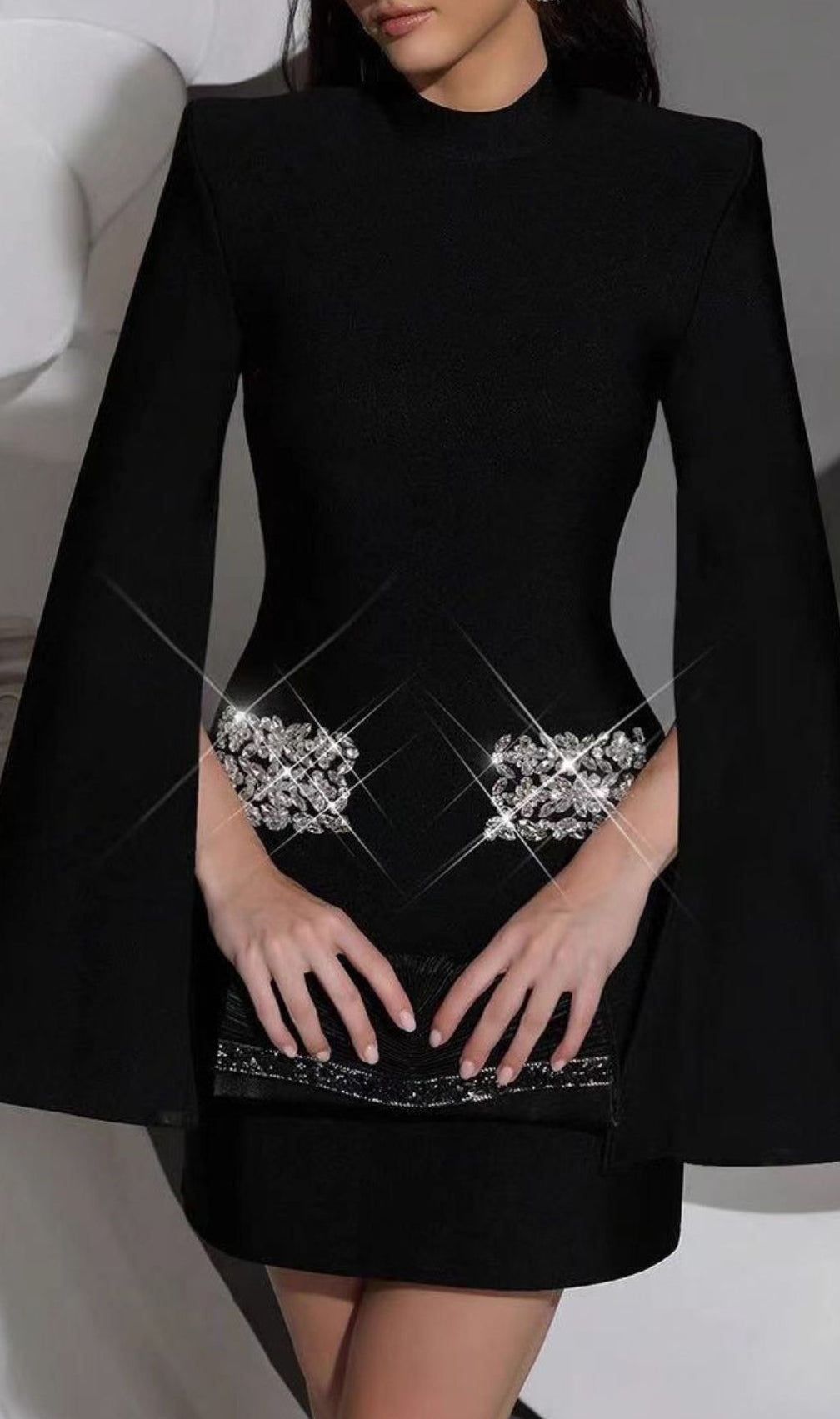 Irida Glamorous Black Diamante Flared Sleeve Mini Dress