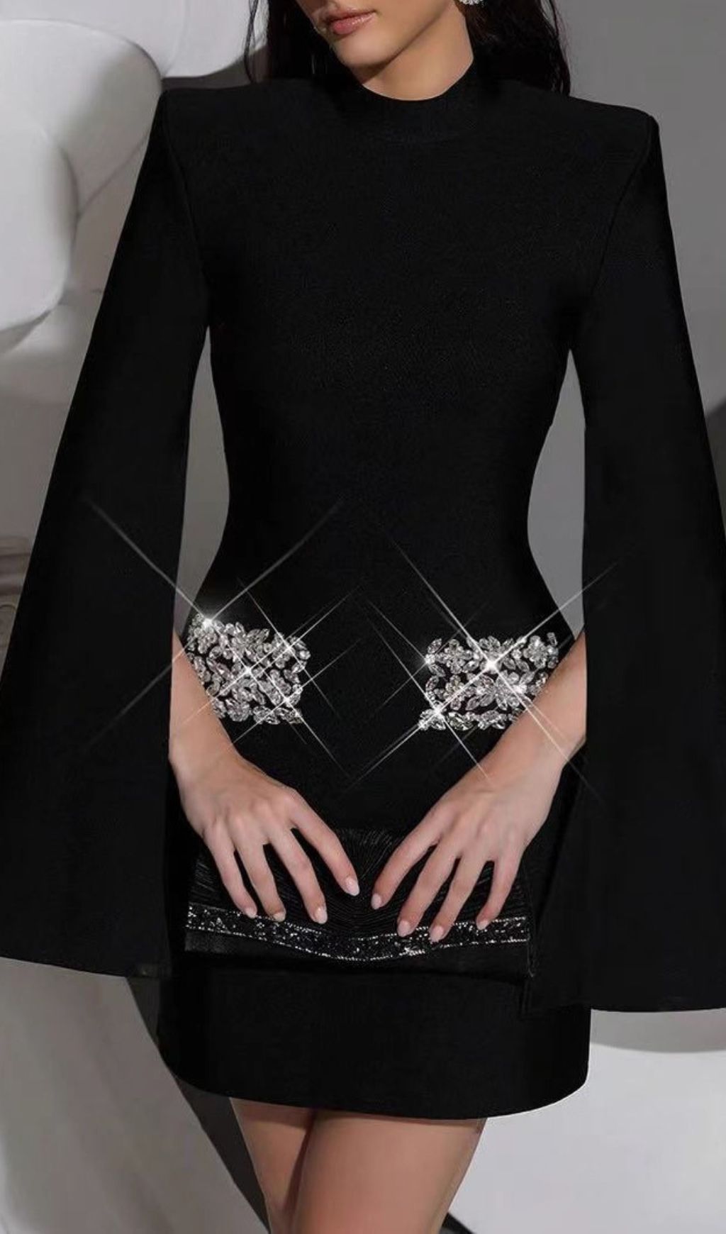 Irida Glamorous Black Diamante Flared Sleeve Mini Dress