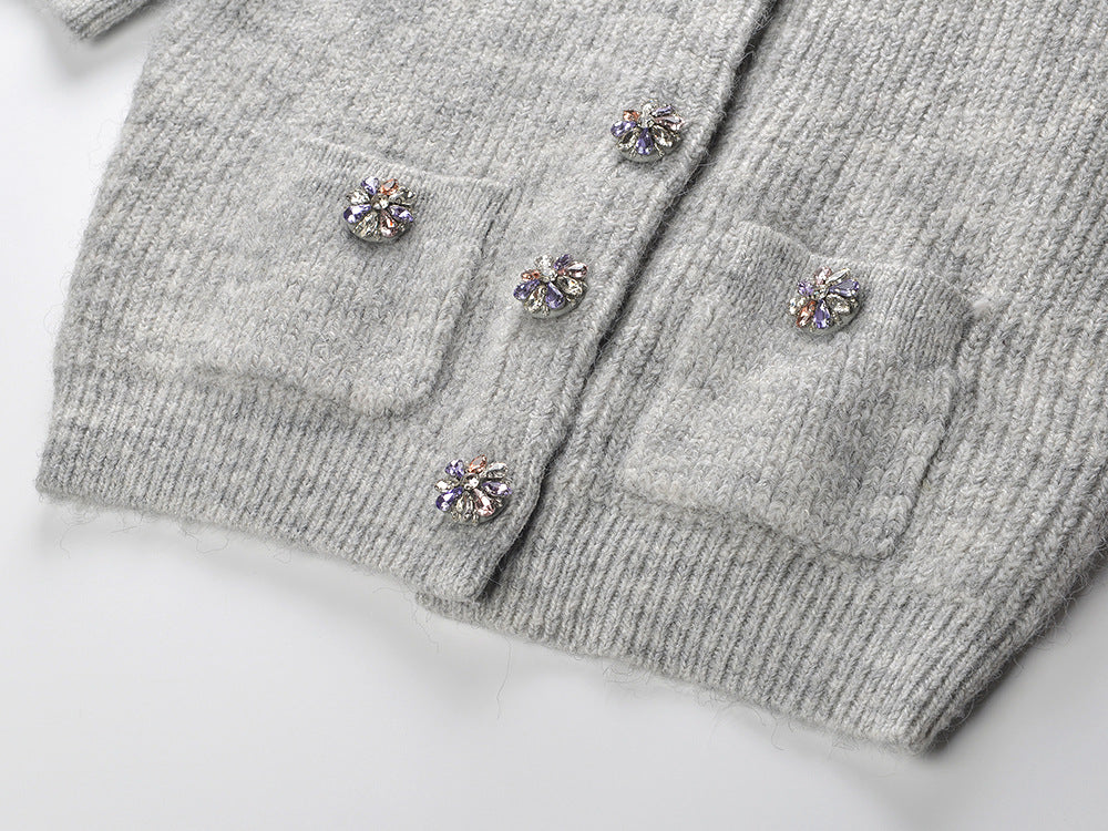 Henrike Luxe Grey Embellished Knit Top - Sparkling Short Sleeve Style