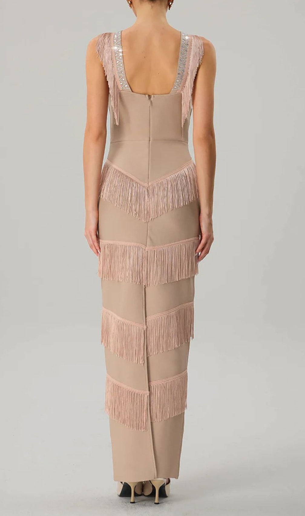 Kaleidrix V Neck Fringe Split Bandage Maxi Dress