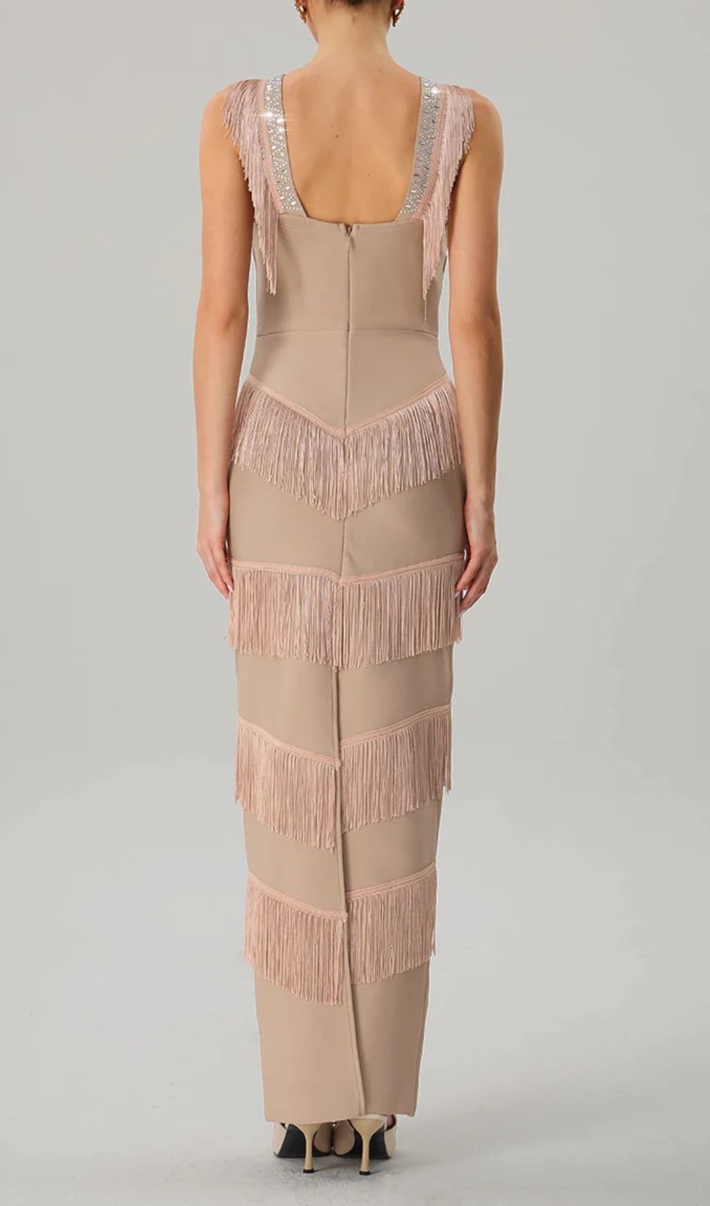 Kaleidrix V Neck Fringe Split Bandage Maxi Dress