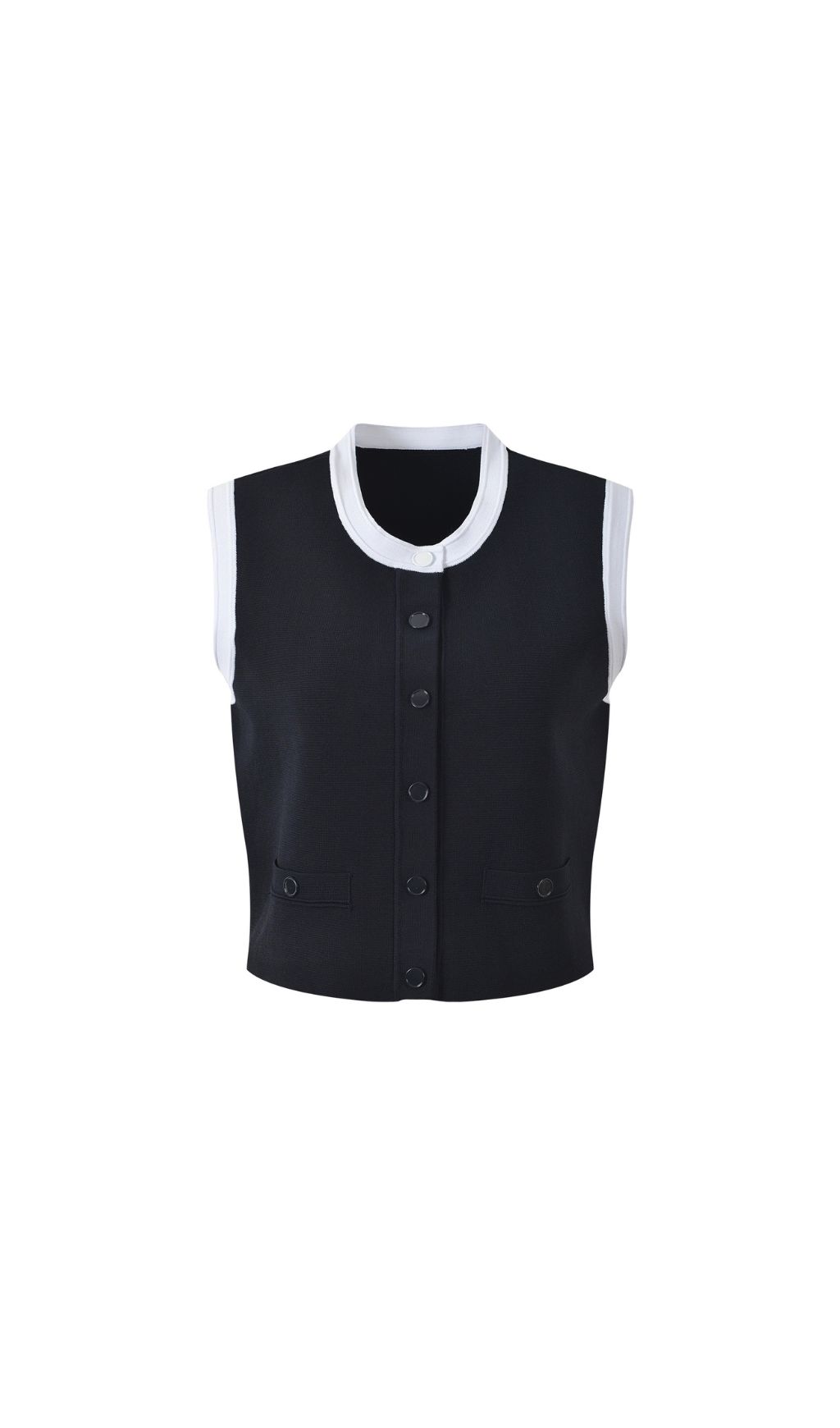 Elegant Two-Tone Cropped Knit Top | Sleeveless Button-Front with Contrast Trim