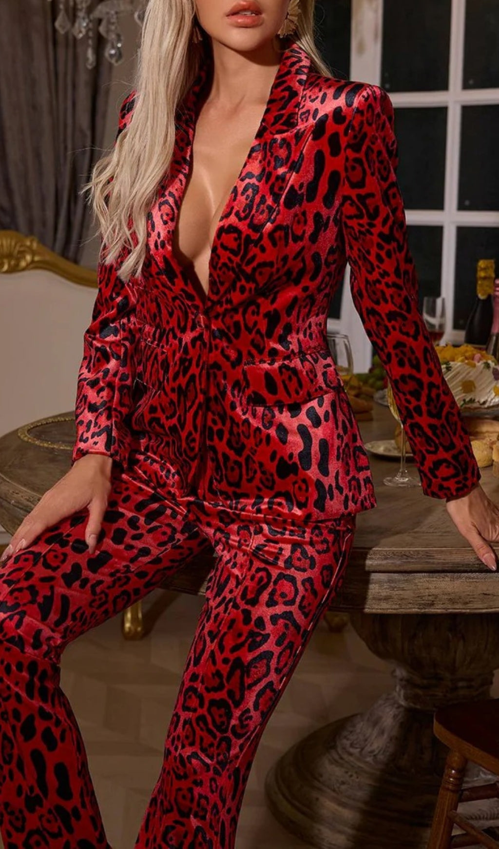 Cliff Red Long Sleeve Leopard Blazer Set