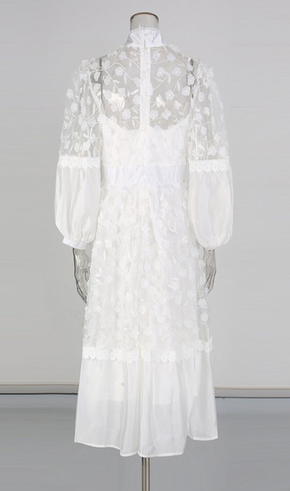 Itzayana Romantic White Floral Lace Embellished Midi Dress with Puffed Sleeves