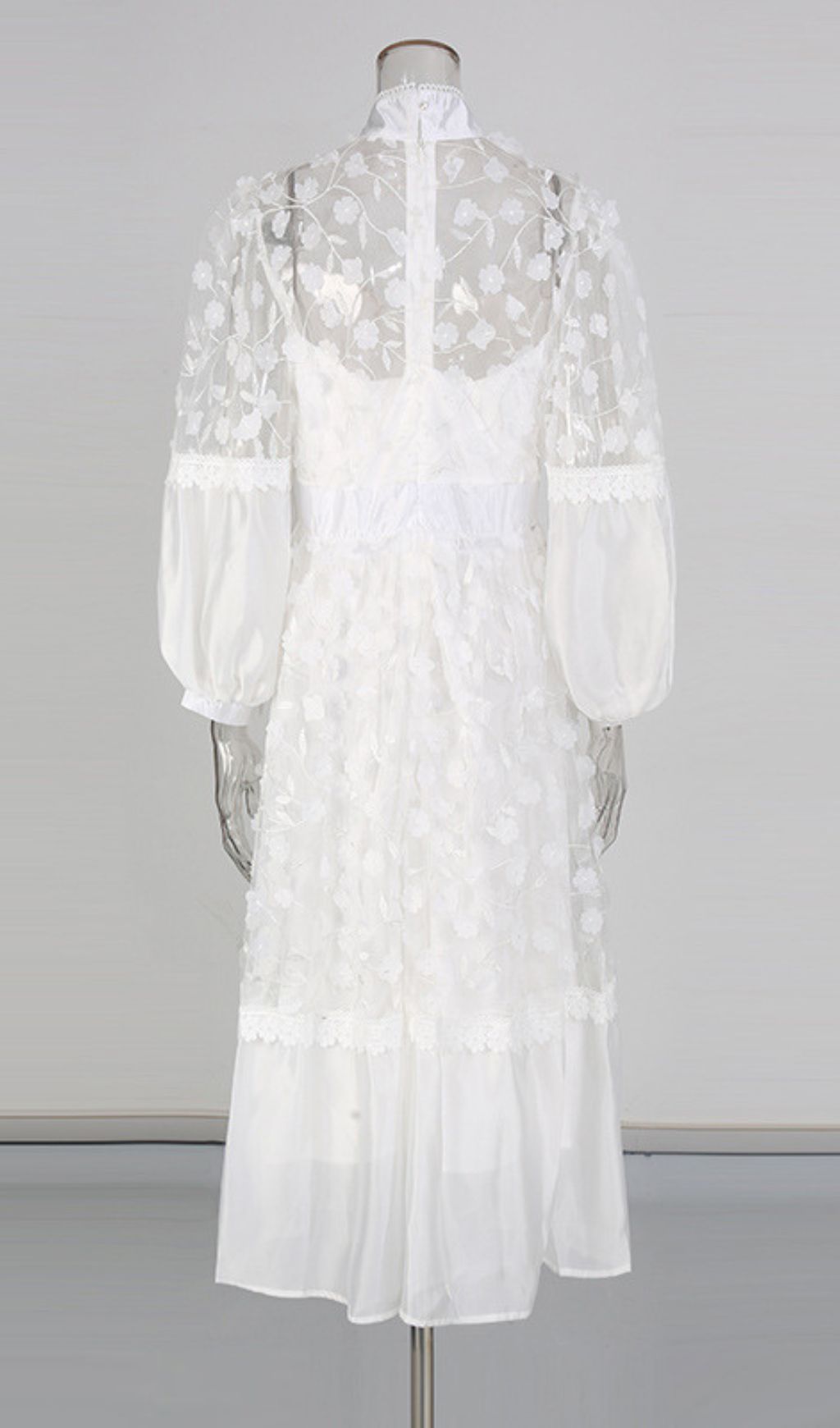 Itzayana Romantic White Floral Lace Embellished Midi Dress with Puffed Sleeves