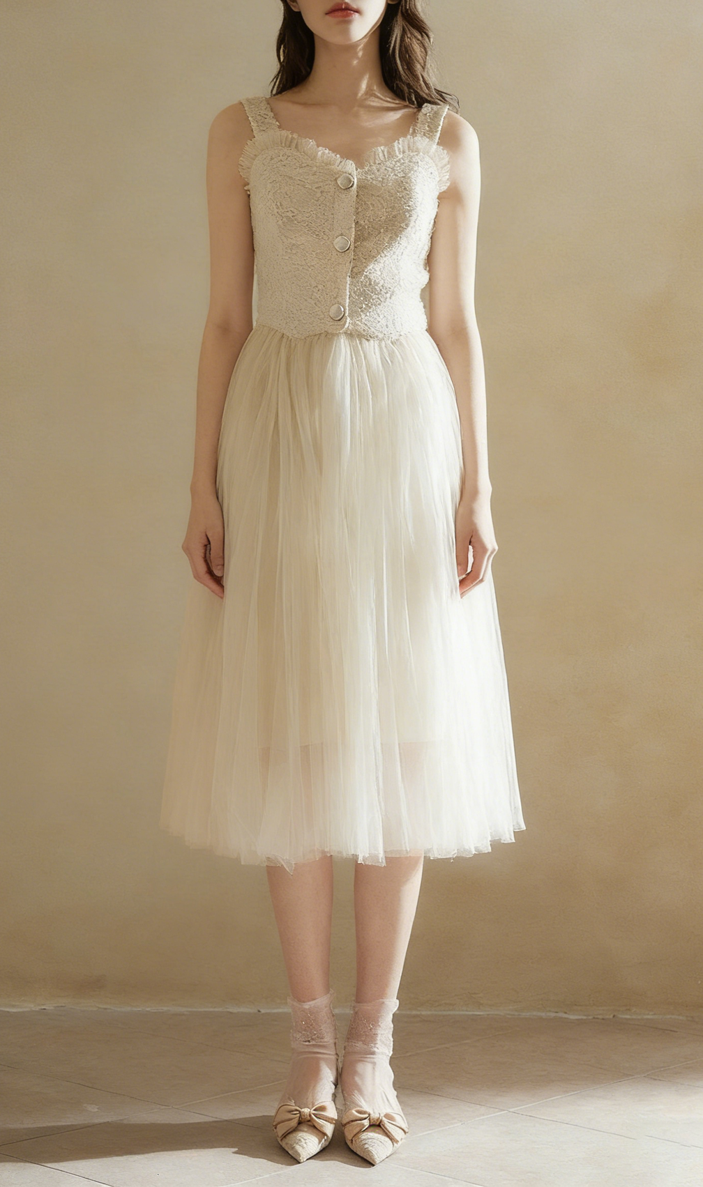 Elegant Beige Tulle Midi Dress | Sleeveless A-Line Gown for Special Occasions