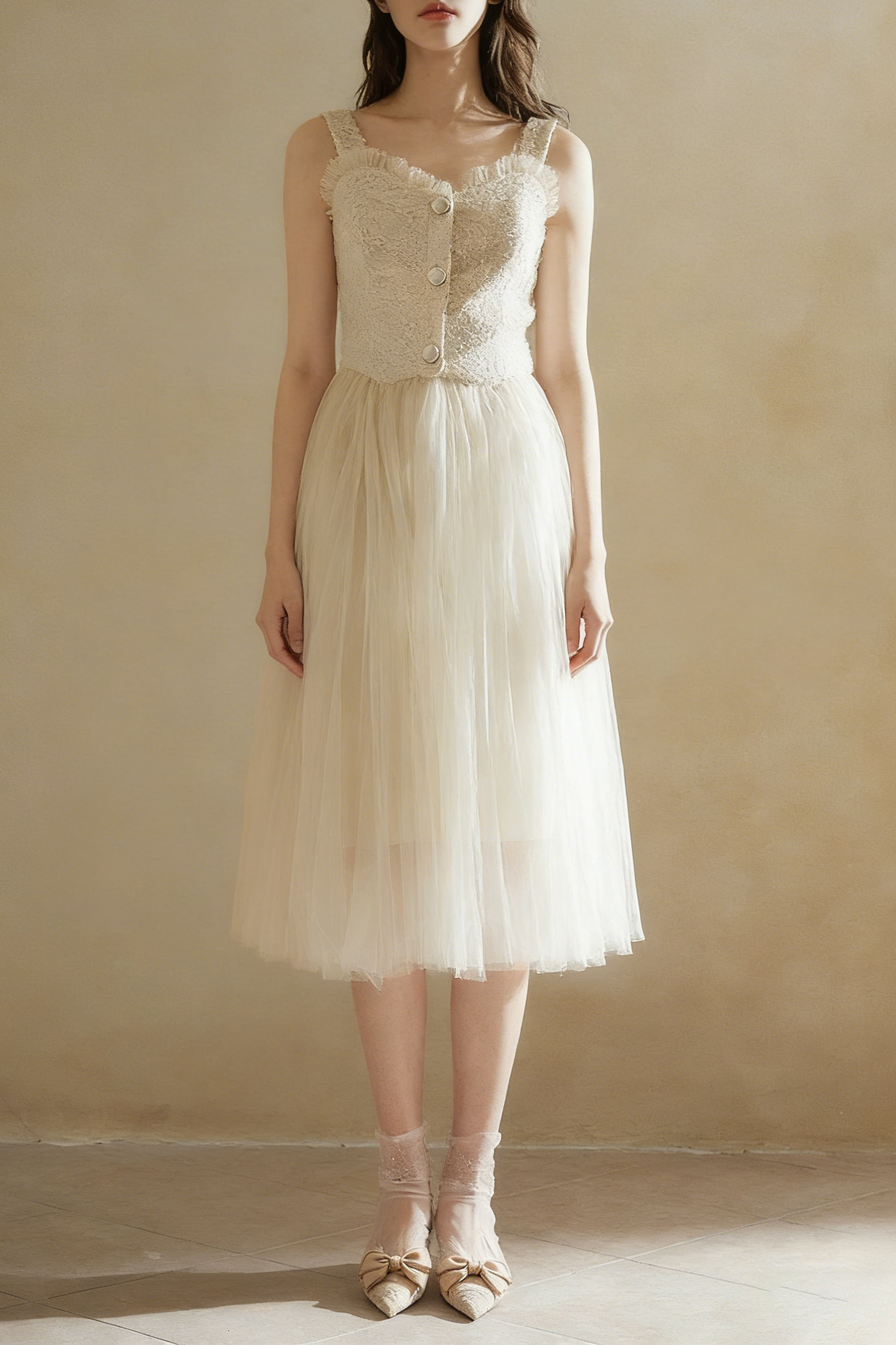 Elegant Beige Tulle Midi Dress | Sleeveless A-Line Gown for Special Occasions
