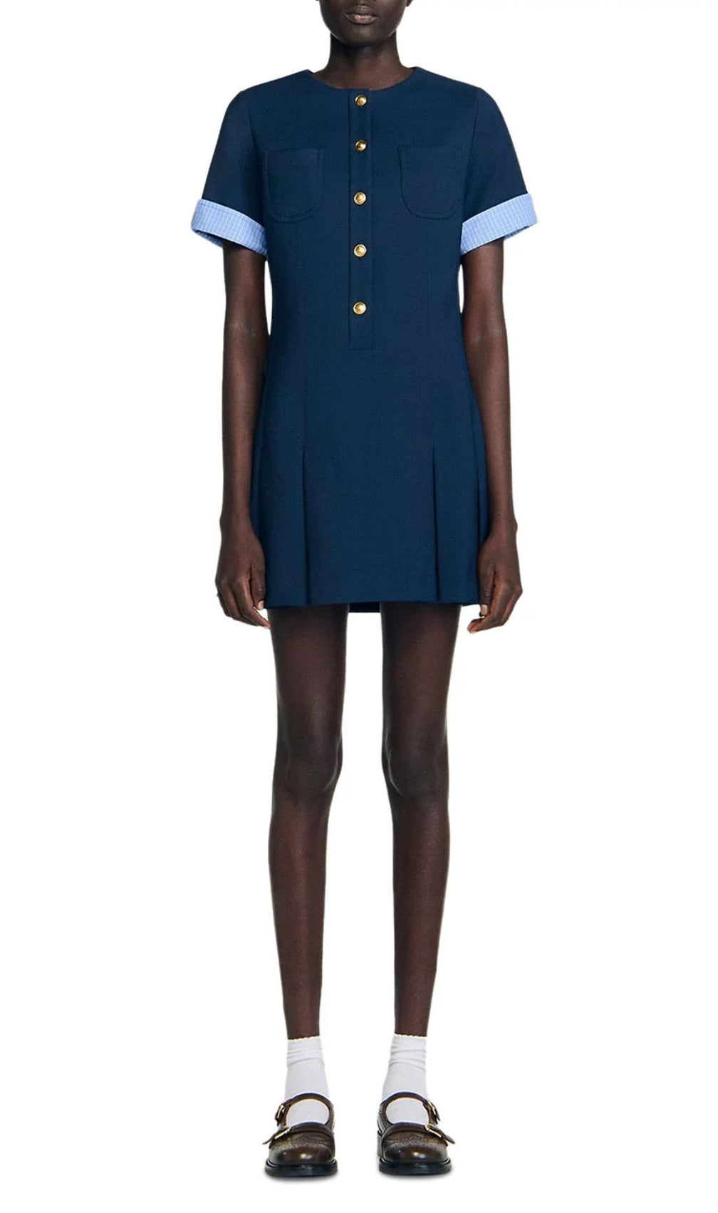 Navy Chic Pleated Mini Dress | Contrast Cuff & Gold Button Detail