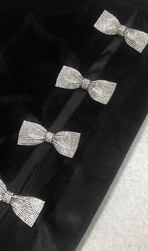 Black Short Sleeve Crystal Bow Midi Two Piece Velvet Dress