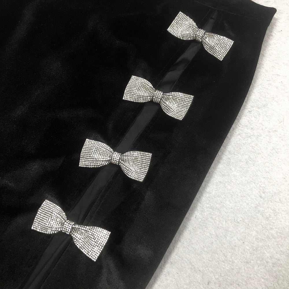 Black Short Sleeve Crystal Bow Midi Two Piece Velvet Dress