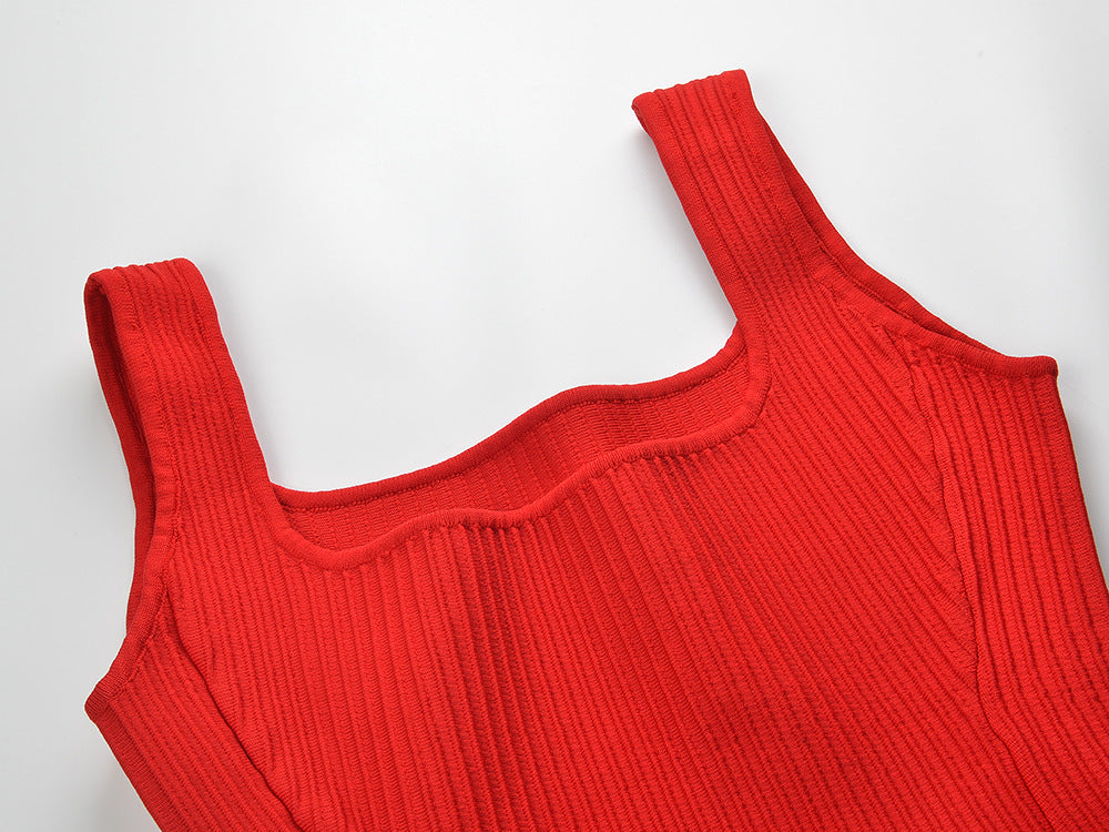 Vibrant Red Rib-Knit Fit & Flare Mini Dress | Chic Square Neck Sleeveless