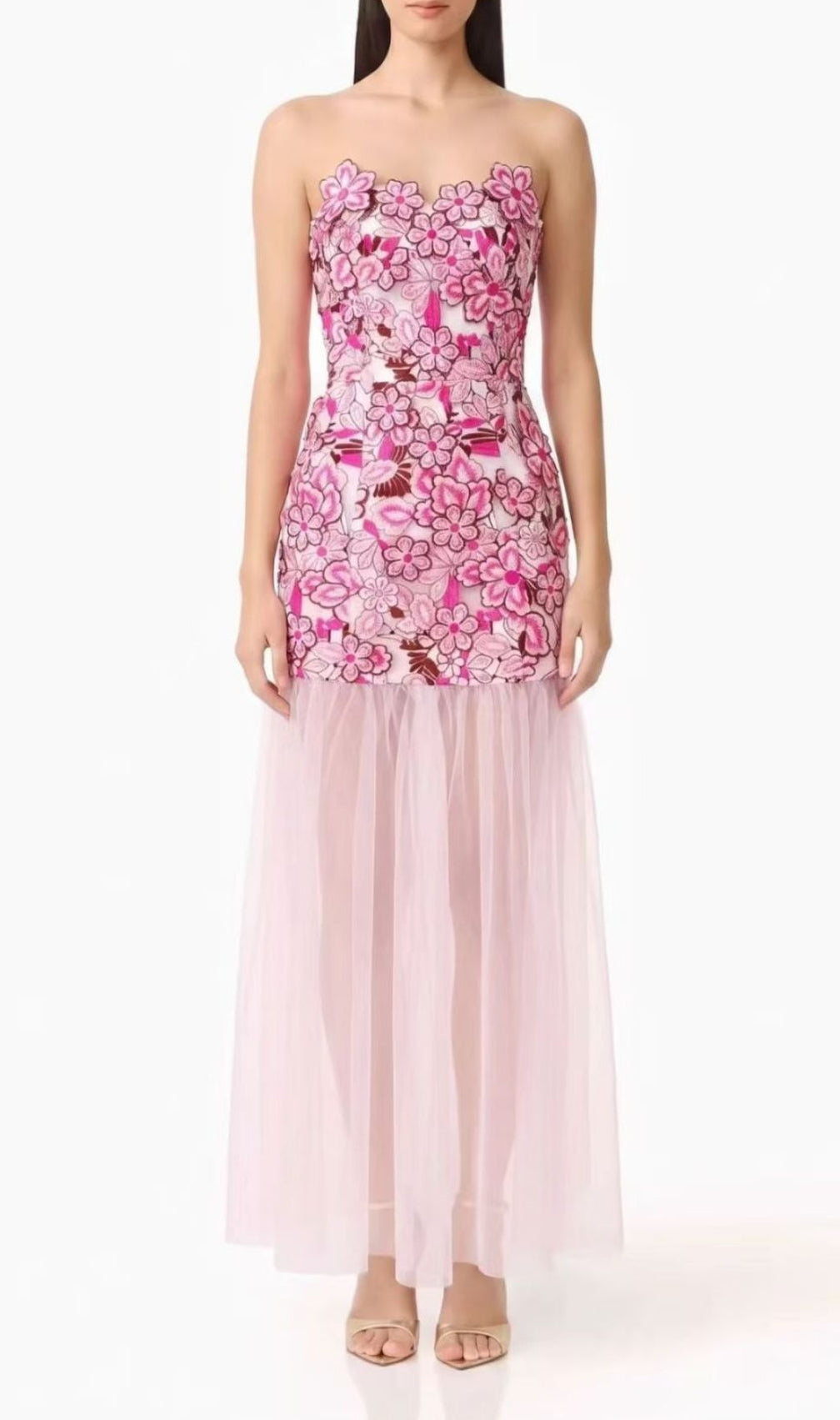 Kismet Pink 3D Flower Mesh Maxi Dress
