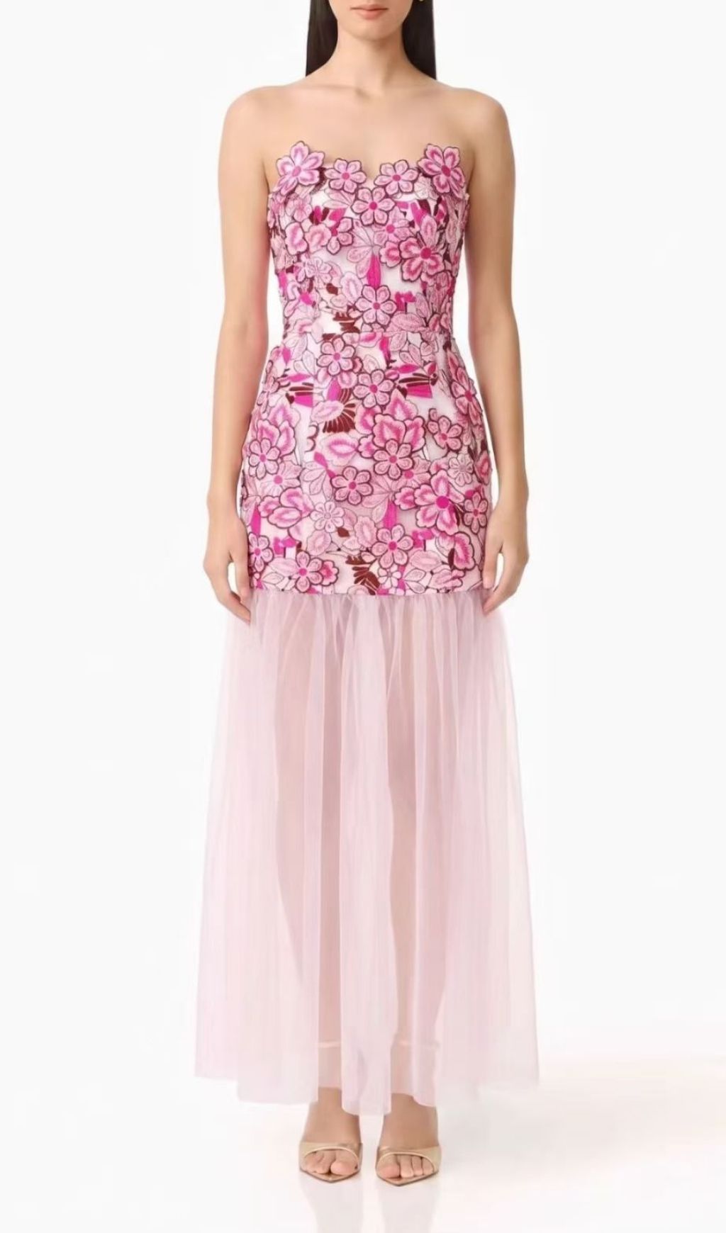 Kismet Pink 3D Flower Mesh Maxi Dress