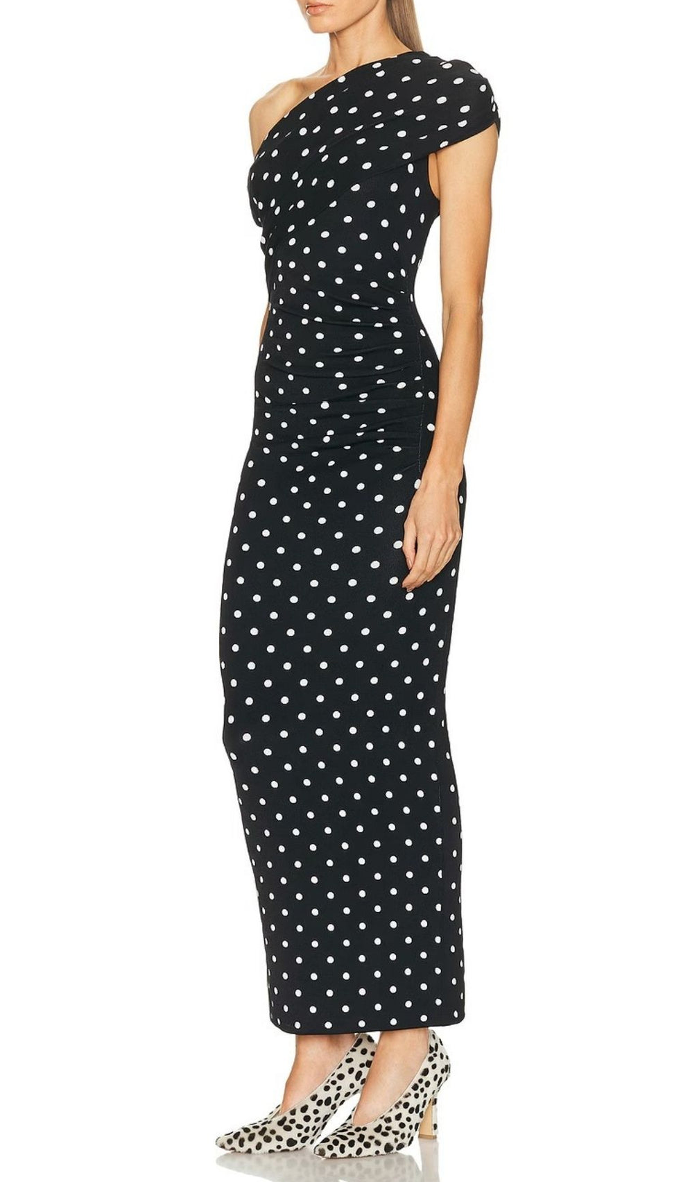 Karla One-Shoulder Polka Dot Draped Midi Dress | Timeless Chic