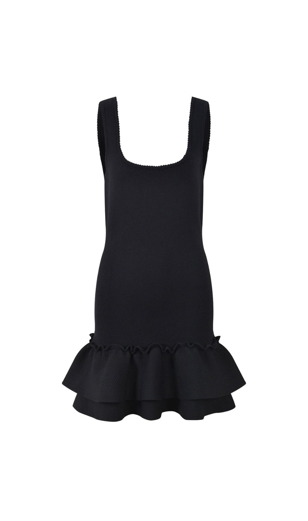 Modern Chic: Black Square Neck Ruffled Knit Mini Dress for Women