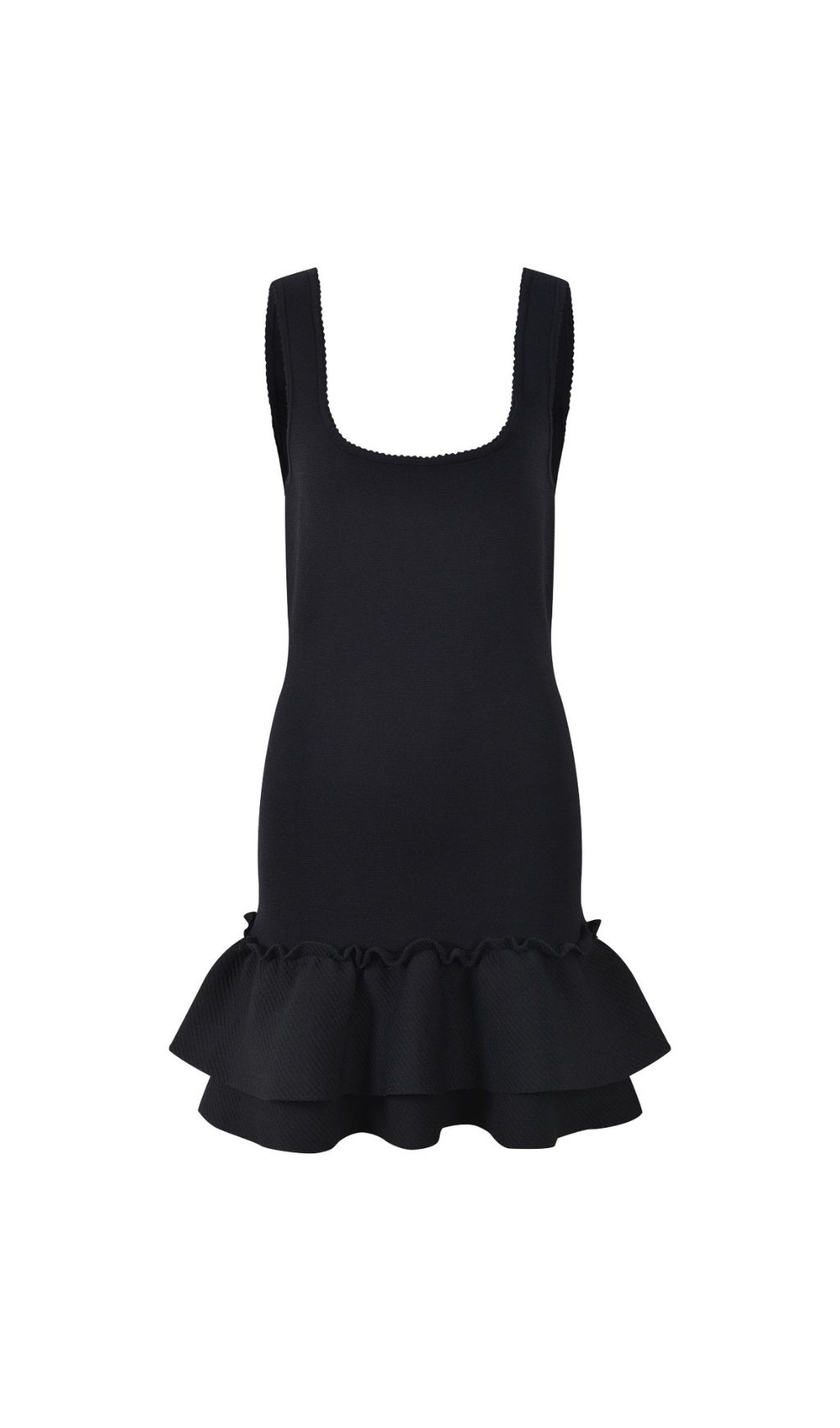 Modern Chic: Black Square Neck Ruffled Knit Mini Dress for Women