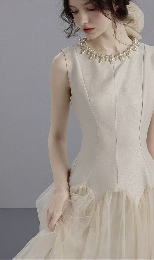 Sleeveless Midi Dress with Tulle Skirt and Pearl Embellished Collar - Ivoire