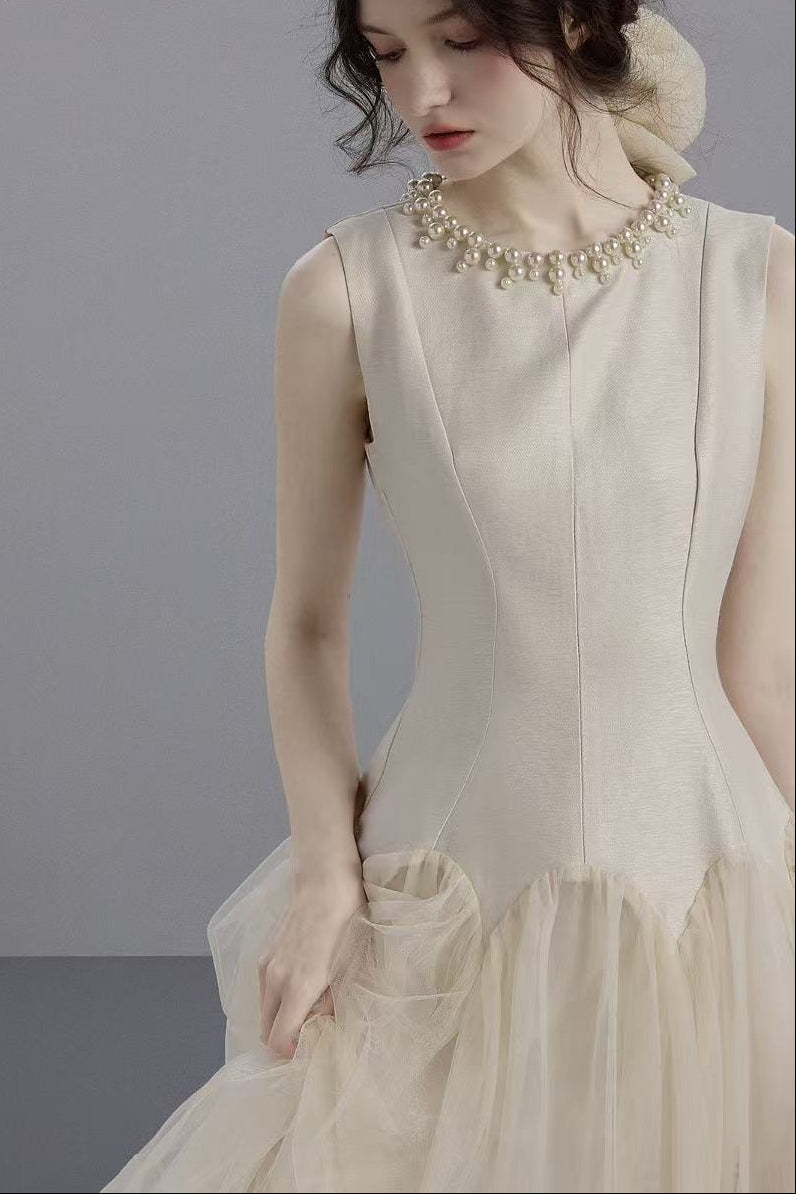Sleeveless Midi Dress with Tulle Skirt and Pearl Embellished Collar - Ivoire