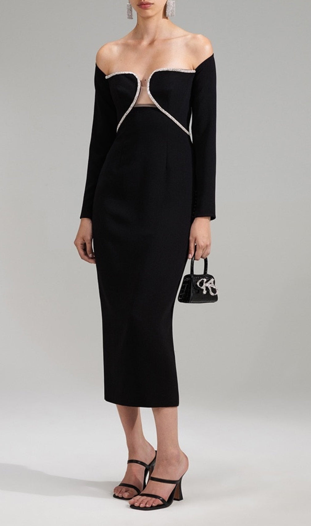 Adolfo Off-Shoulder Crystal Midi Dress