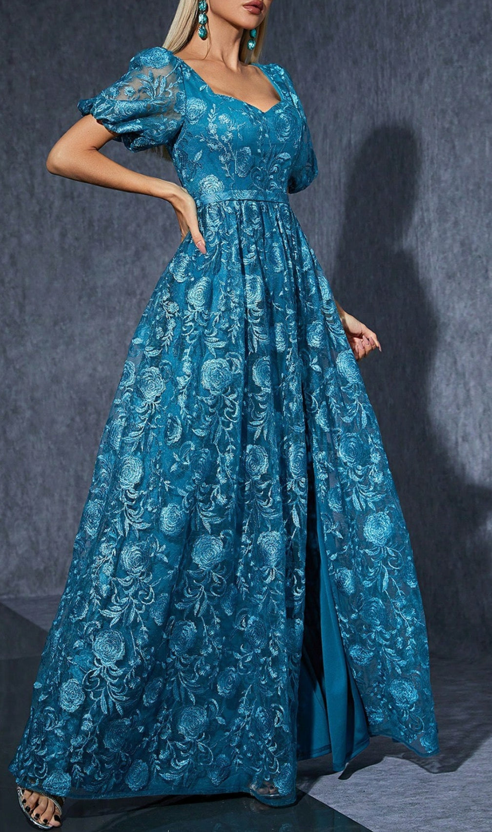 Dione Blue Puff Sleeve Flower Maxi Dress