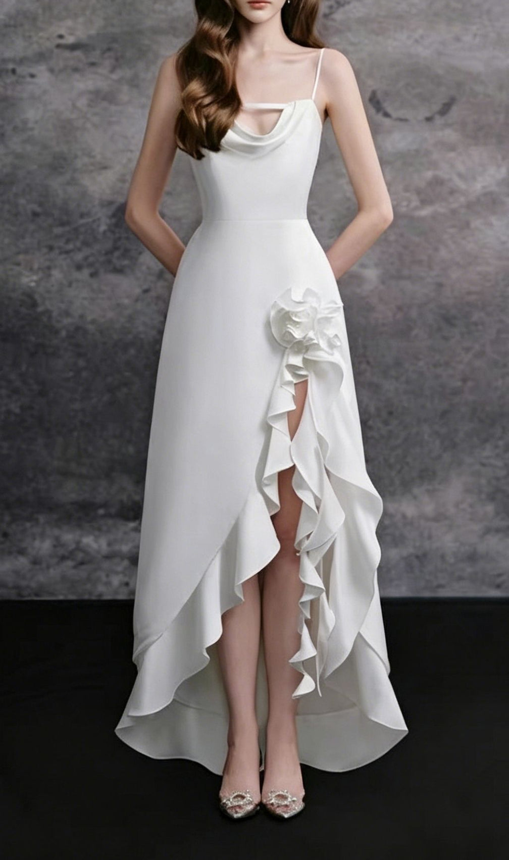 Kirana White Strappy Flower Ruffle Maxi Dress