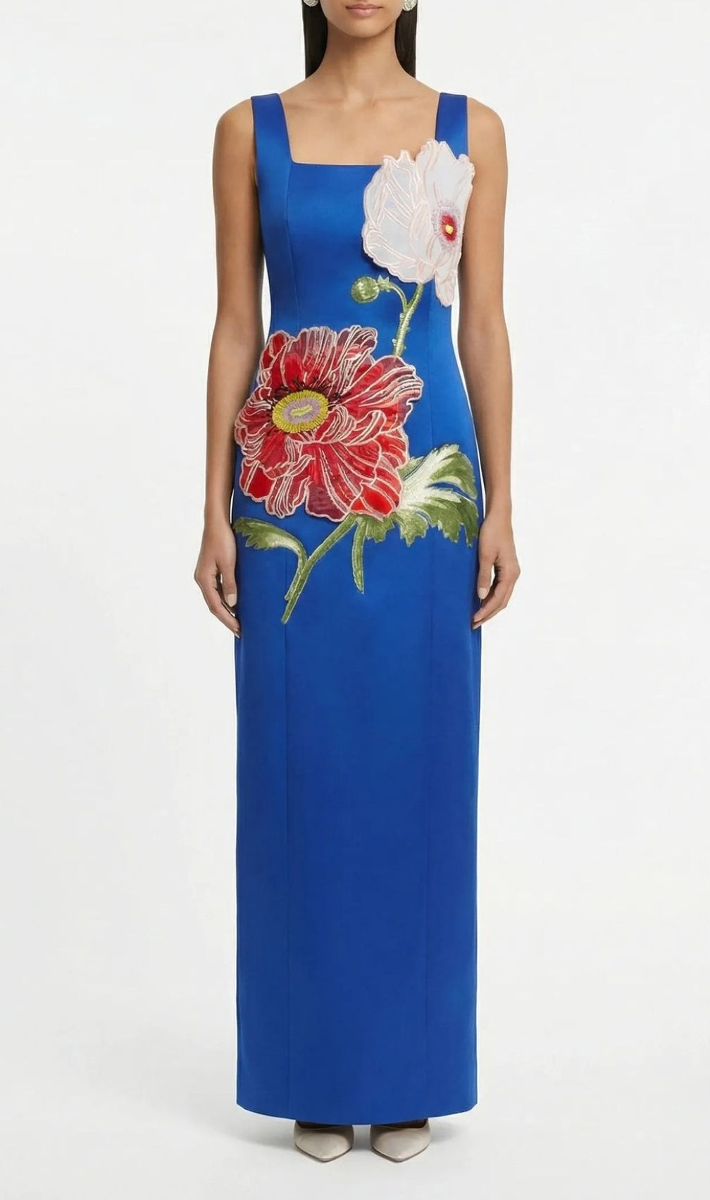 Karin Elegant Floral Embroidered Maxi Dress - Strappy Square Neck Gown