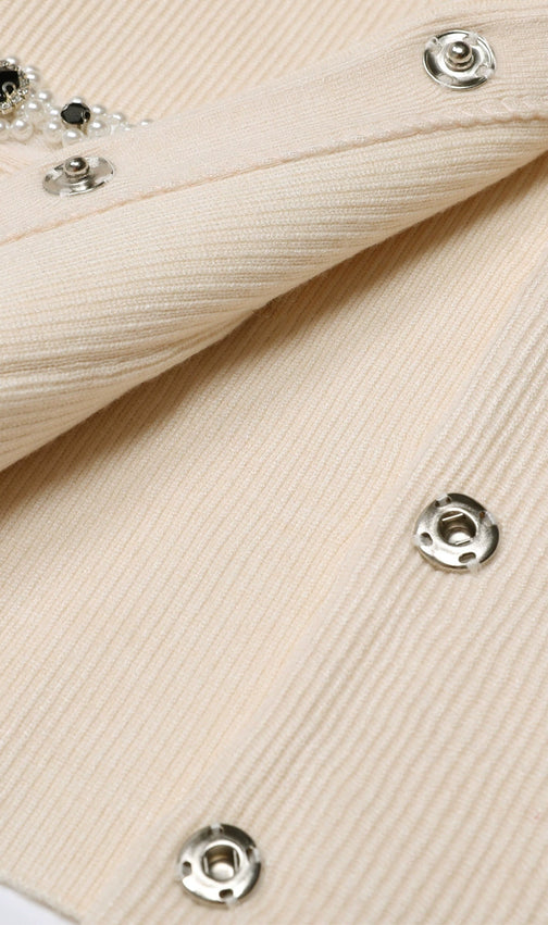 Jie Luxe Knit Embellished Cardigan & Flared Skirt Set - Effortless Apricot Chic