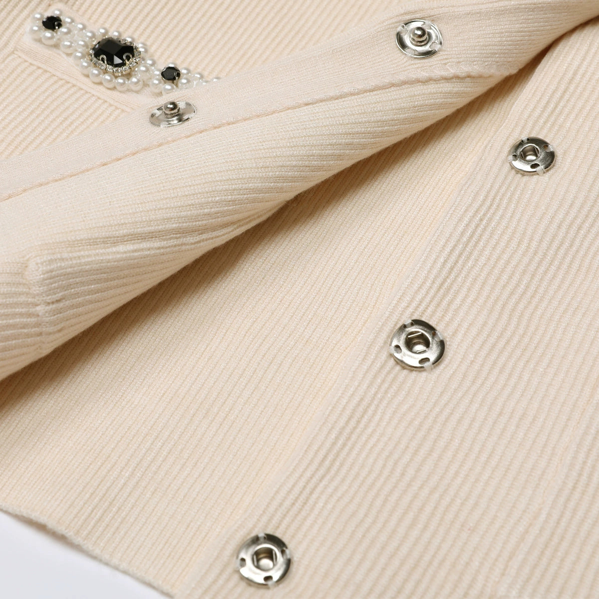 Jie Luxe Knit Embellished Cardigan & Flared Skirt Set - Effortless Apricot Chic