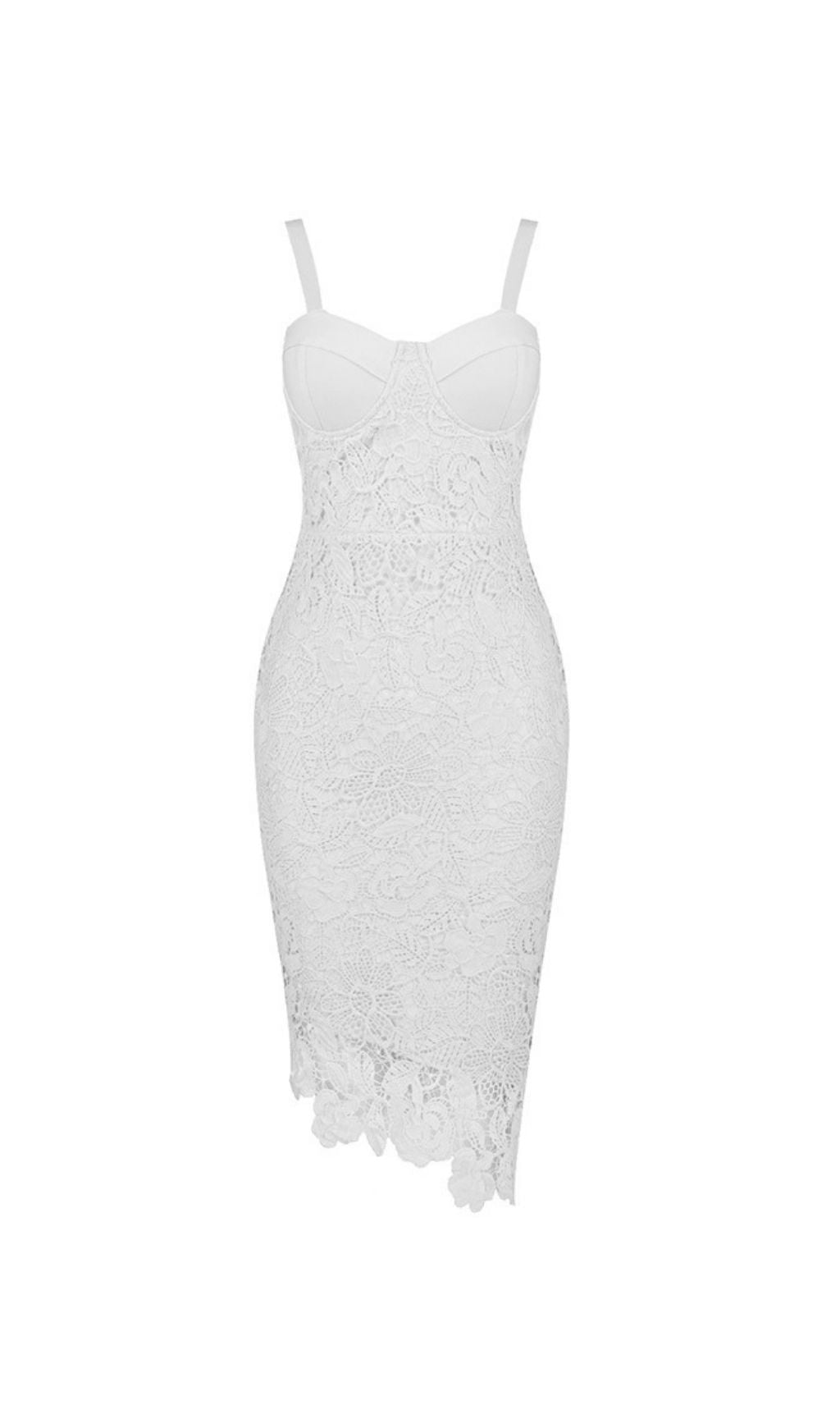 Dolores Elegant White Lace Asymmetrical Midi Dress | Strappy Sweetheart Neckline