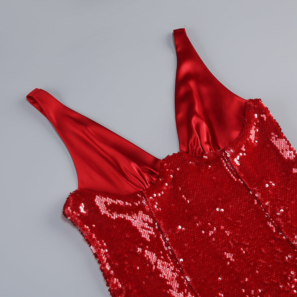 Jin Red Sequin Maxi Dress | Glamorous Deep V-Neck Gown