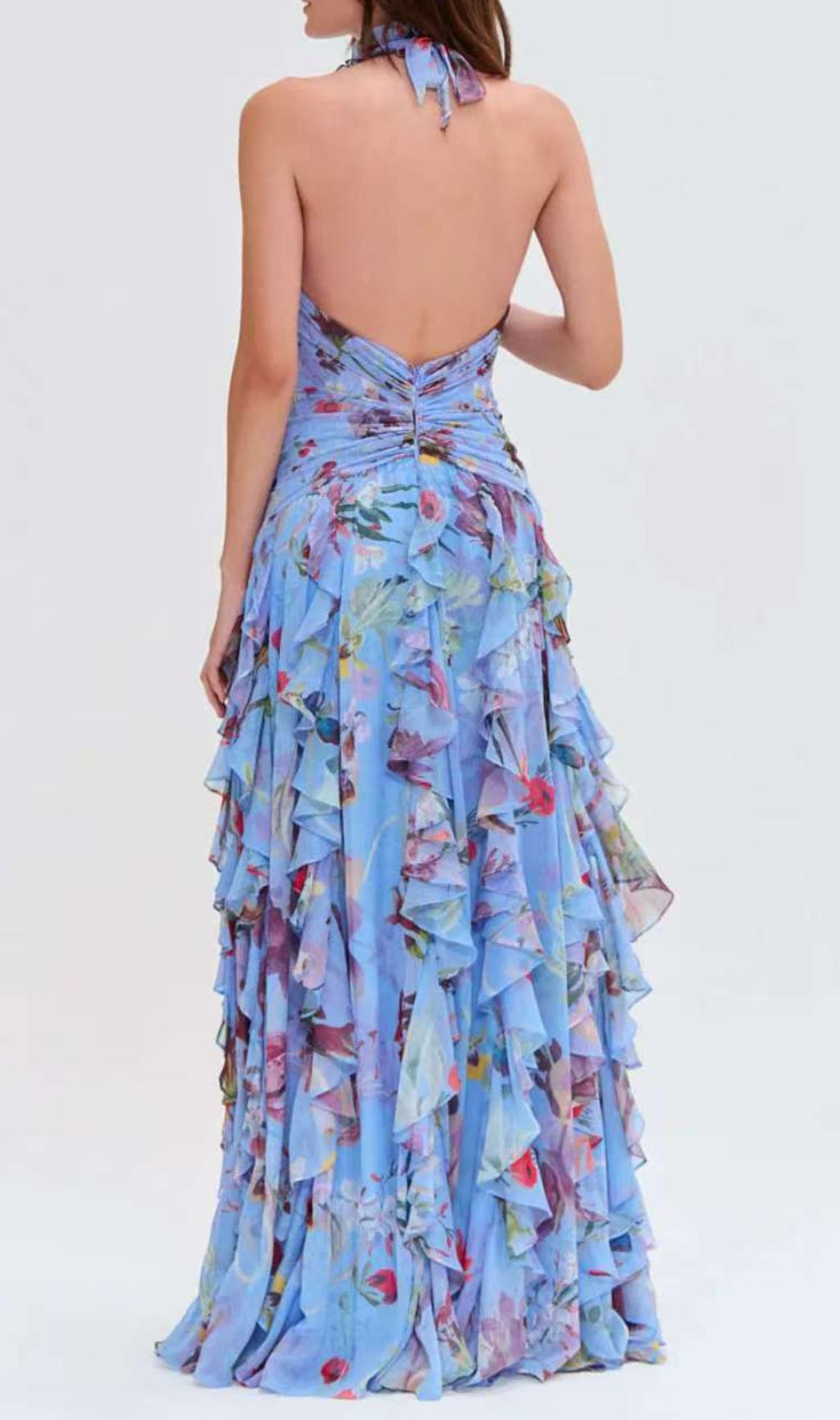 Delicah Blue Halter Floral Ruffle Maxi Dress