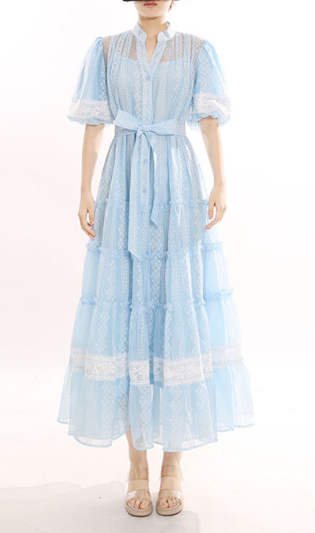 Jerilyn Dreamy Blue Lace Puff-Sleeve Tiered Midi Dress for Women
