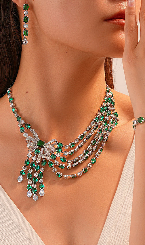 Elegant Emerald Green Bow Cubic Zirconia Jewelry Set