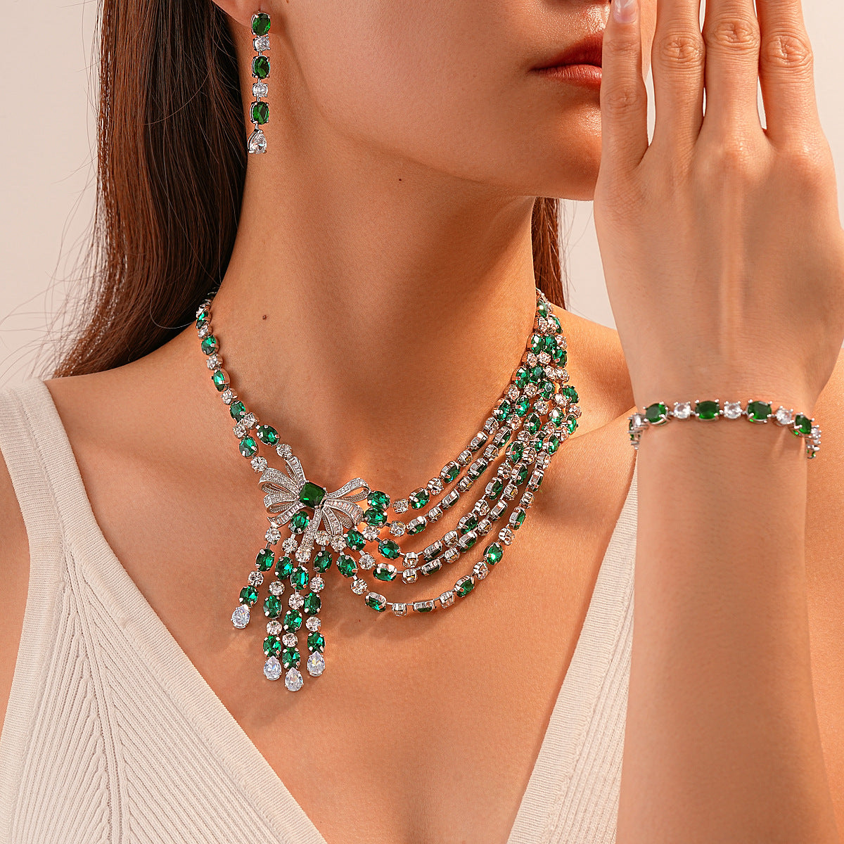 Elegant Emerald Green Bow Cubic Zirconia Jewelry Set