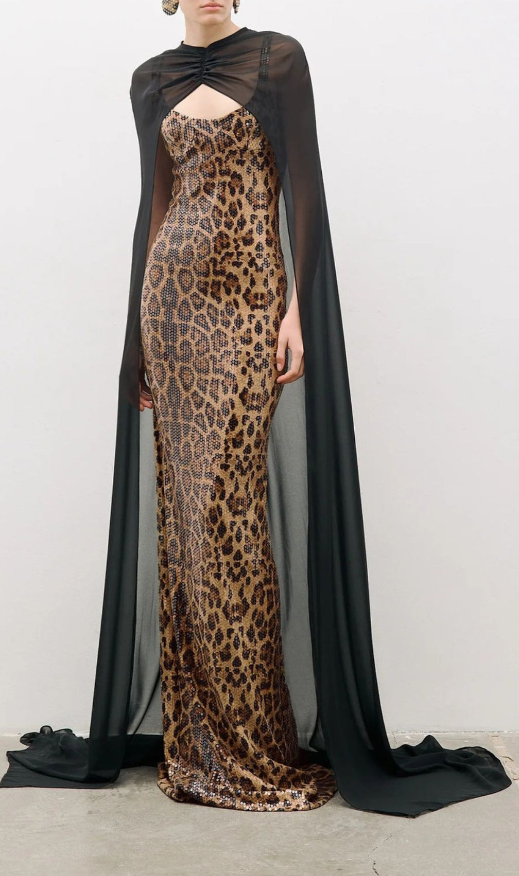 Jarrell Dazzling Leopard Sequin Maxi Gown with Dramatic Cape